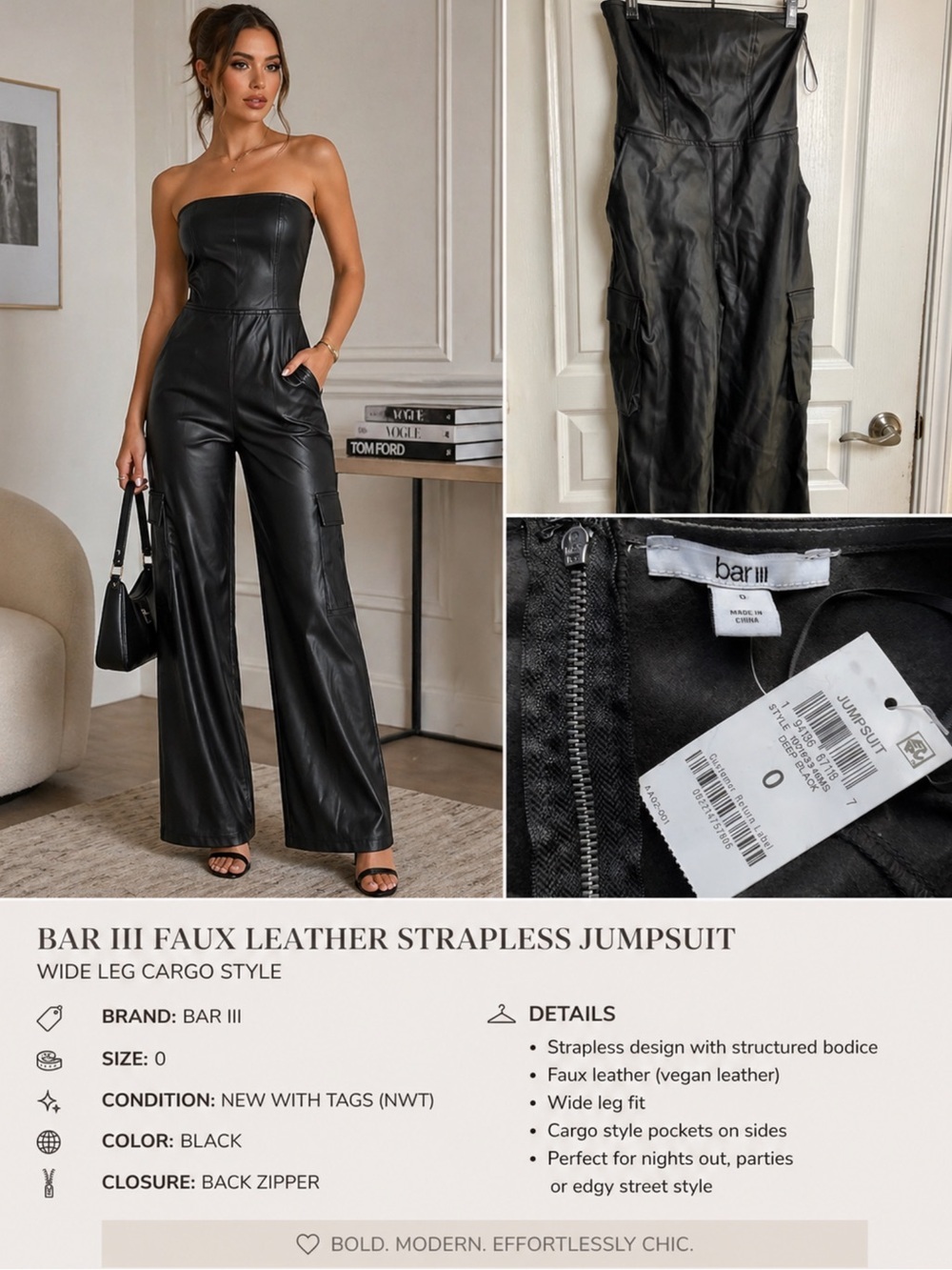 Título: Bar III Black Faux Leather Strapless Cargo Jumpsuit Size 0 NWT